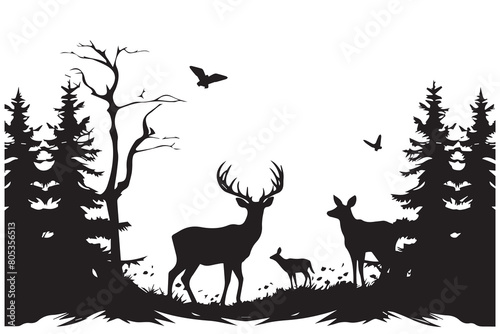 Black silhouette Vector forest and sum deer and bird white background