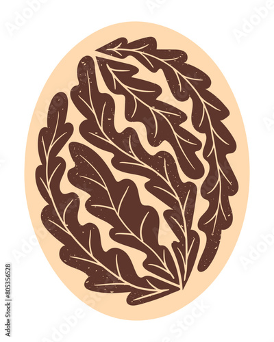 Duotone abstract botanical composition in oval shape isolated on white background. Flat hand drawn illustration with leaves in printmaking technique with grunge texture and scratches