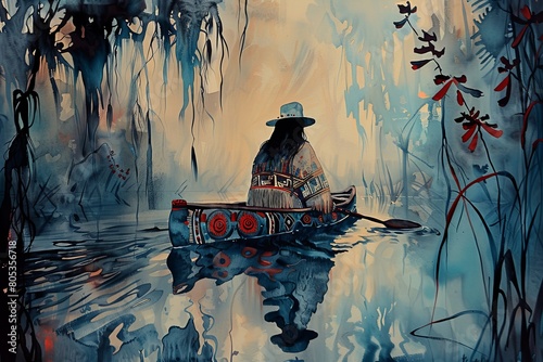 Traditional Asian boatman navigating a foggy marsh with ethereal trees and floral elements inviting intrigue photo