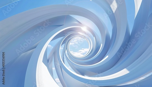 White abstract tunnel design with a swirling pattern leading up to the blue sky