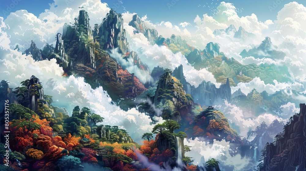 A breathtaking fantasy landscape with majestic mountains, abundant clouds, and vibrant autumn foliage