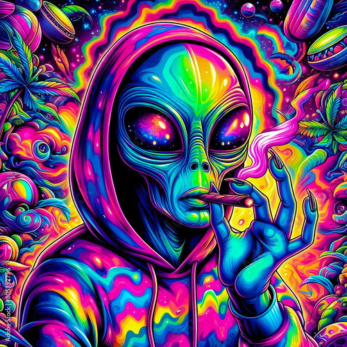 digital art vibrant colorful psychedelic cool hiphop alien smoking a blunt