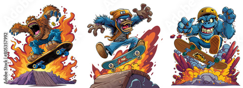 Extreme skateboarding gorilla characters in dynamic poses. Expressive Gorilla characters skateboarding on a exploding volcano. scenes with fire, speed, and attitude on a transparent backgrou