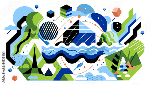 Vibrant Abstract Landscape with Geometric Elements and Nature Motifs