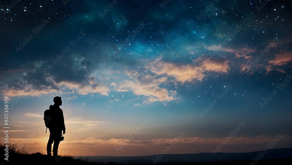 Lonely figure gazing at the heavens in silhouette, amidst a fantastical landscape with a sky aglow in ethereal clouds.