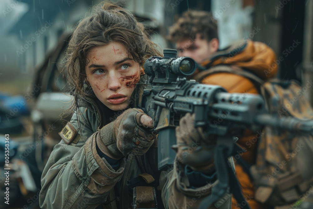 Close-up of a focused female soldier with mud on her face, holding a sniper rifle with scope Close-up of a focused female soldier with mud on her face, holding a sniper rifle with scope