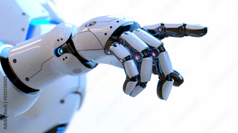 Animated hand pointing up in 3D, pushing button, selecting menu item on web page. Robot pointing, pushing button, selecting menu item. Modern chatbot design icon. Animated hand pointing up in 3D, pushing button, selecting menu item on web page. Robot pointing, pushing button, selecting menu item. Modern chatbot design icon.