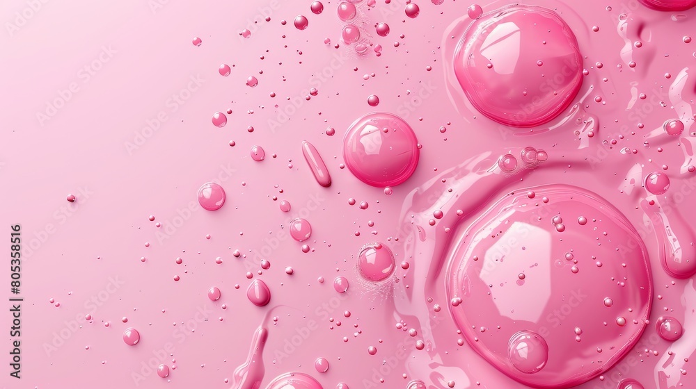 Water drops on pink background, horizontal backdrop with scatter spherical bubbles, wet liquid texture. Template for beauty product, skincare cosmetic production. Realistic 3D modern ads design. Water drops on pink background, horizontal backdrop with scatter spherical bubbles, wet liquid texture. Template for beauty product, skincare cosmetic production. Realistic 3D modern ads design.