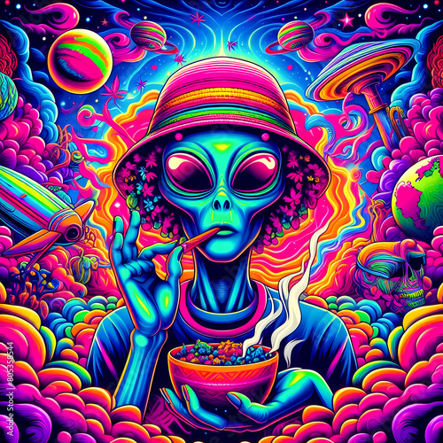 digital art vibrant colorful psychedelic cool hiphop alien smoking a blunt