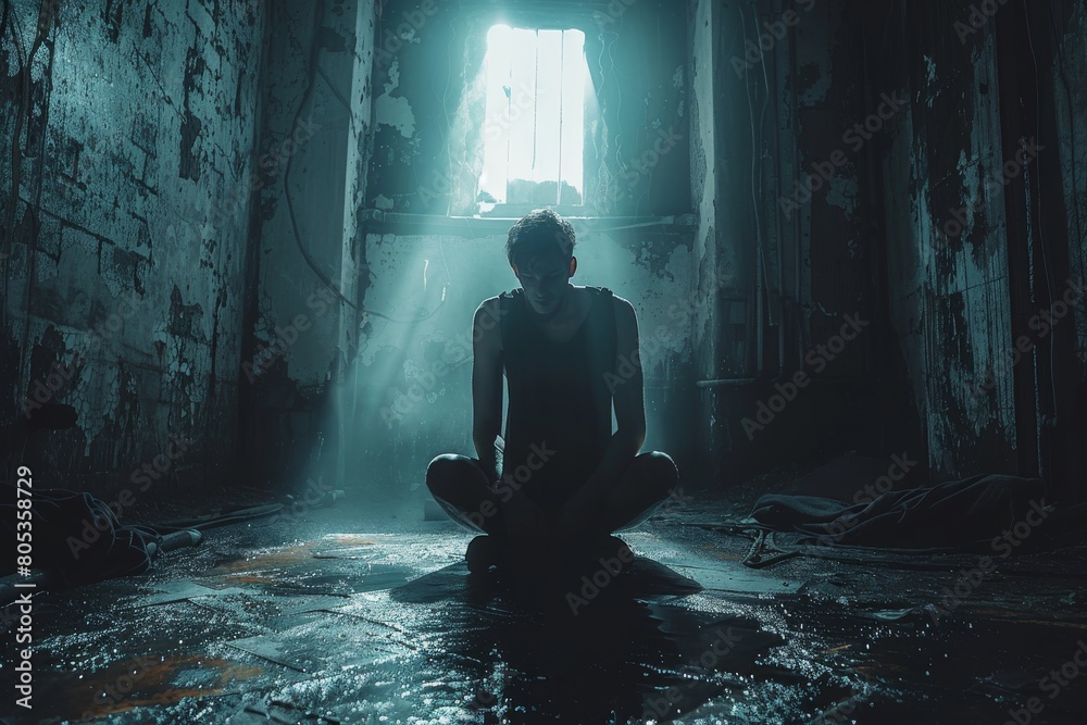 In a ray of sunlight, a person sits amongst ruins, symbolizing hope and resilience amongst despair In a ray of sunlight, a person sits amongst ruins, symbolizing hope and resilience amongst despair