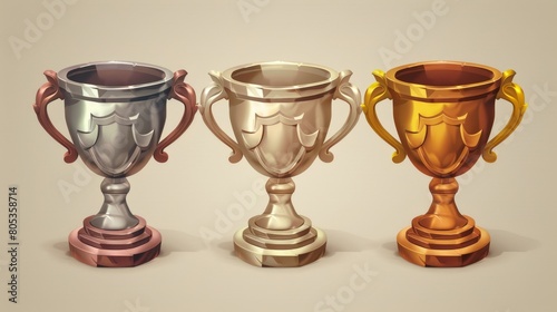 First, second and third place cups, trophy goblet icons for winning in competitions, casinos and sports. 3D cartoons.