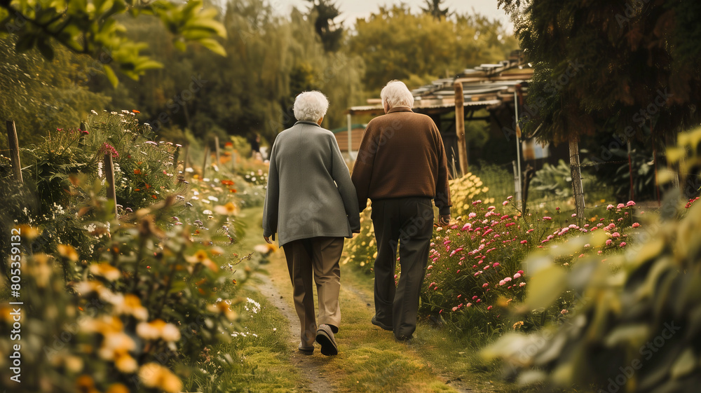 Fototapeta premium An elderly couple holding hands while strolling through a blooming garden