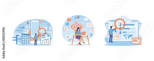 Entrepreneur makes a business plan. Develop company business strategy. Increasing marketing targets. Business Intelligence concept. Set flat vector illustration.