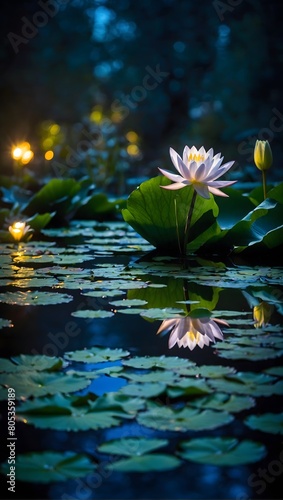 Luminous Lily Pond  A mesmerizing scene of glowing lily pads  casting a magical spell in the moonlight.