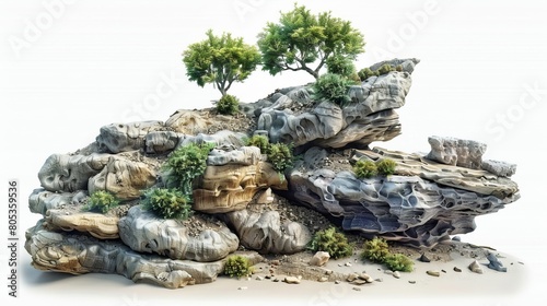 A rocky hillside with two trees growing out of the rocks