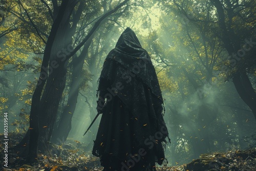 The back view of a mysterious figure in a dark cloak amidst an autumn forest suggests story of an adventure, secret, or mystical quest