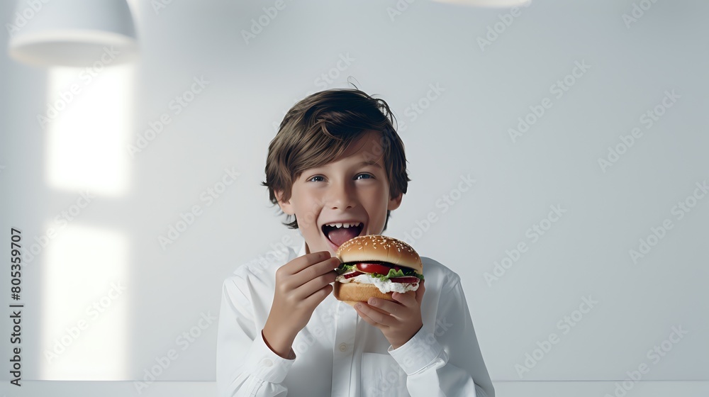 The image shows a boy eating a hamburger The topic could beA boy The image shows a boy eating a hamburger The topic could beA boy