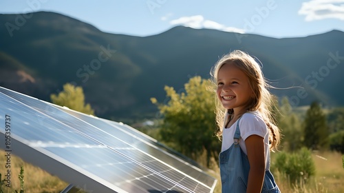 A young girl smiles while standing next to a solar panel