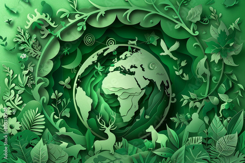 An intricate paper cut design that captures the essence of a green planet, with delicate layers forming a globe surrounded by foliage, animals, and symbols of eco-friendliness,