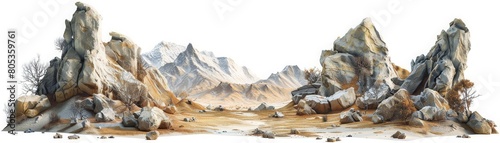 A rocky desert landscape with a mountain range in the background