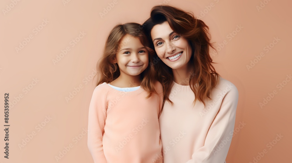 Smiling mother and daughter in pink sweaters