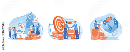 Advertising business. Businessman shaking hands with a colleague. Improving marketing strategies globally. Business marketing concept. Set flat vector illustration.