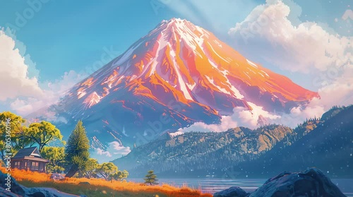 Majestic mountain bathed in sunlight overlooking a lush valley: Nature's radiance
Seamless looping 4k time-lapse virtual video animation background. Generated AI photo