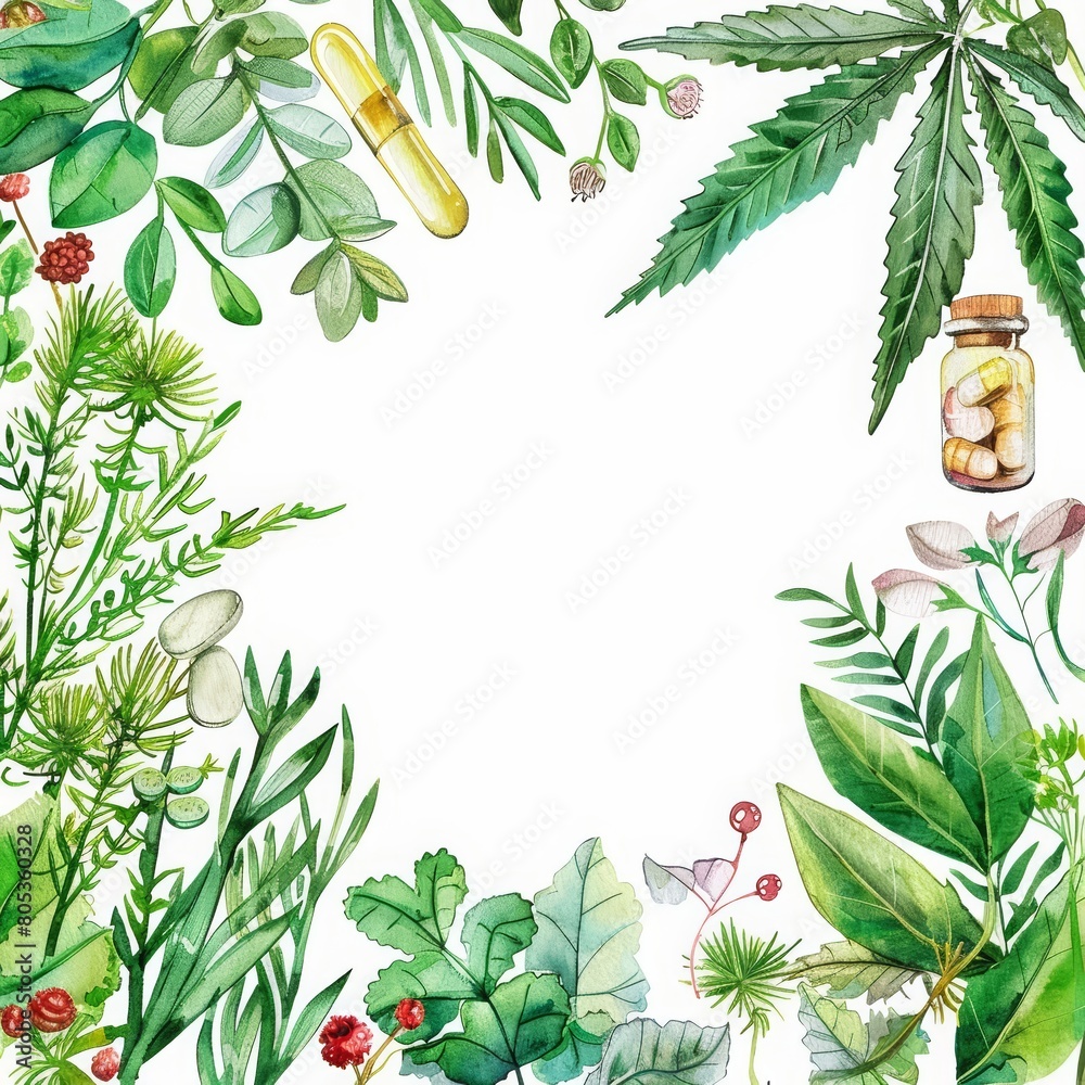 Naklejka premium A creative watercolor template of a medical theme presents herbal illustrations in a calming layout for health and wellness sectors