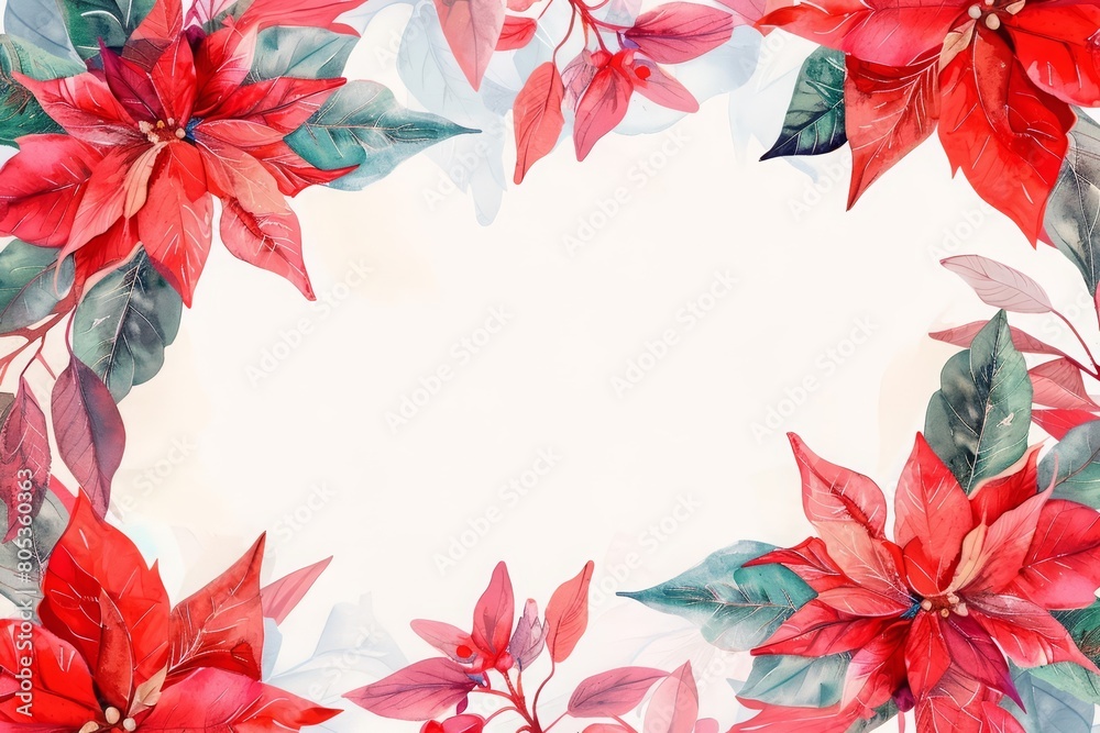 A creative watercolor template of Christmas red poinsettia flowers adds a festive touch to any holiday greeting A creative watercolor template of Christmas red poinsettia flowers adds a festive touch to any holiday greeting