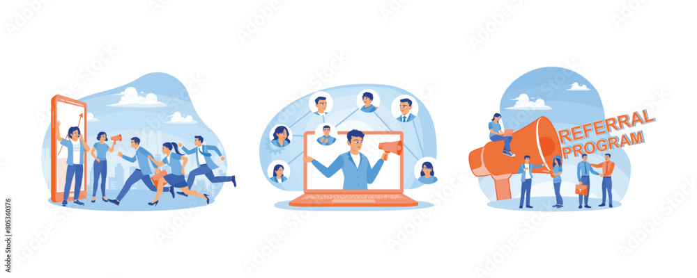 Business partnership strategy. Social media marketing. Share business information with friends. Job referral concept. Set flat vector illustration.