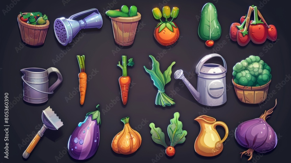 Farm game icons isolated on dark background. Modern cartoon ...