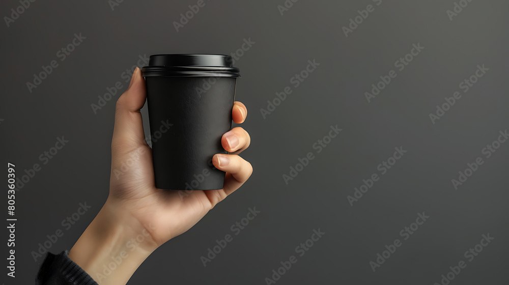 Female hand holding a black paper cup of coffee on a gray background Female hand holding a black paper cup of coffee on a gray background