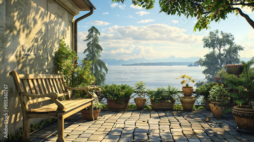 An intimate patio space with panoramic views of Puget Sound, where a vintage wooden bench and a collection of potted plants create a cozy nook for morning coffee or quiet reading. 