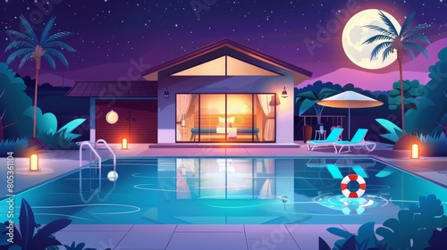 Modern illustration of a beach house with an outdoor swimming pool in the backyard at night. It includes chaise lounges  umbrellas  candles  a rubber ball and ring floating on water  dark sky with