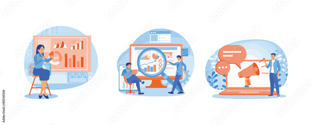 Improve digital marketing and promotions. Studying infographic data. Improve marketing to achieve targets. Digital marketing concept. Set flat vector illustration.