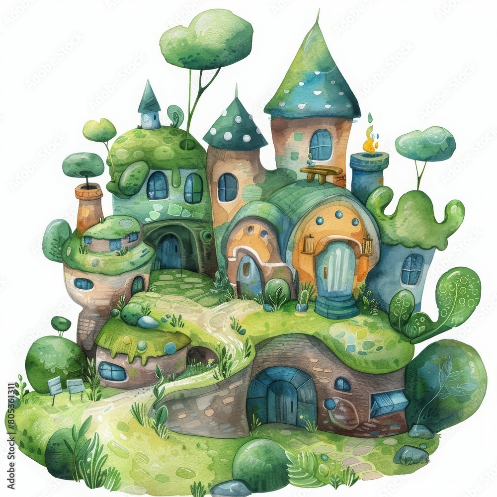 A Kawaii creative futuristic charismatic watercolor painting captures the essence of modern architecture