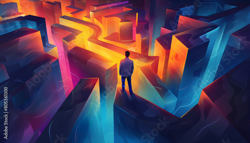 An abstract illustration of a man navigating through a labyrinth, representing the concept of challenge and uncertain journey.