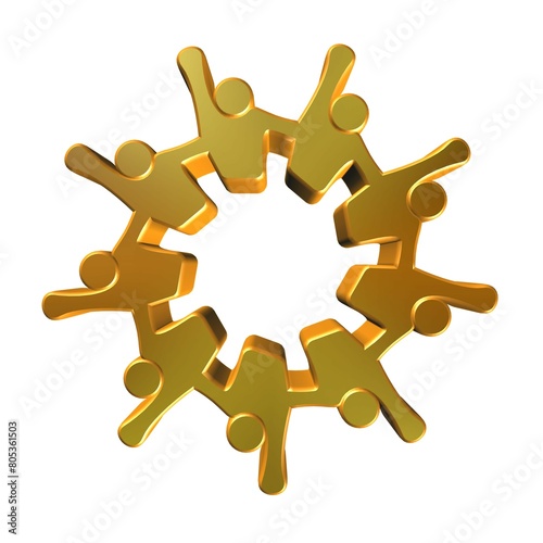 Golden logo teamwork 3d optimistic people. Rendering illustration on white background.	
