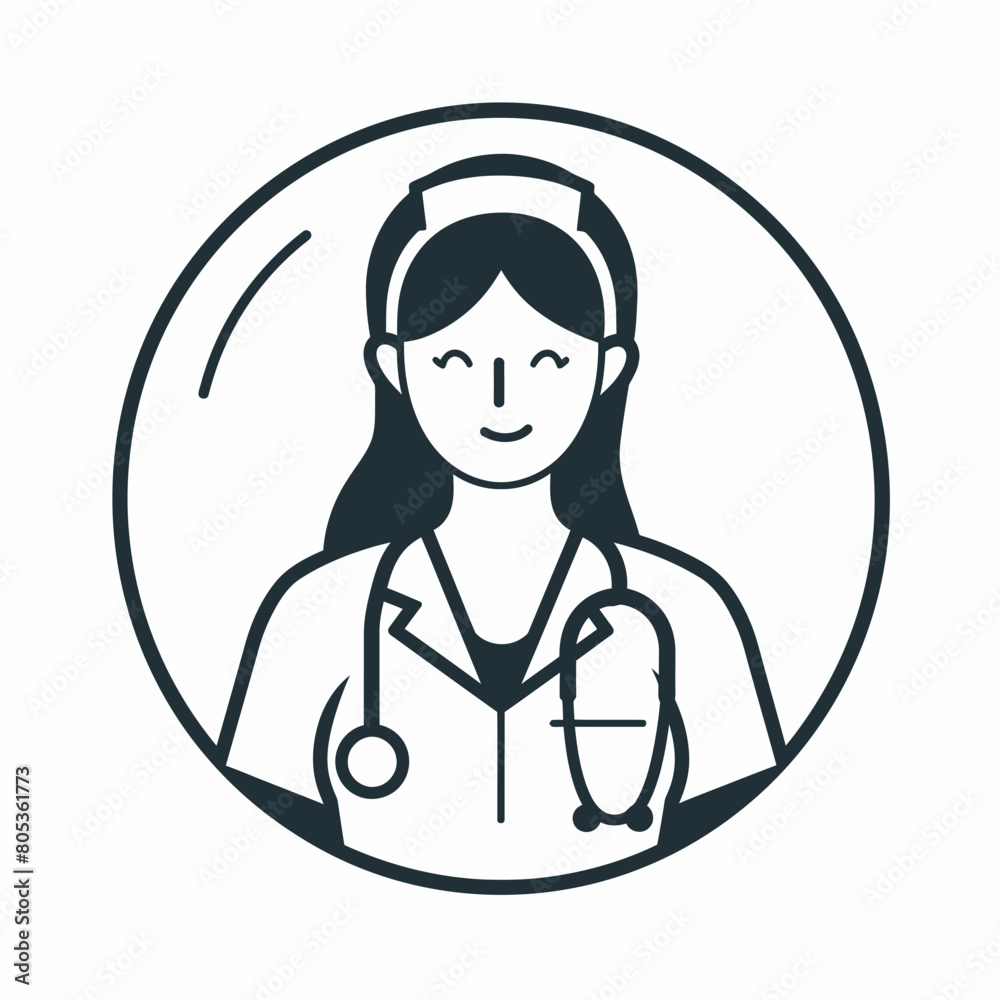 Nurse icon UI design black round frame flat linear vector icon whte background Nurse icon UI design black round frame flat linear vector icon whte background