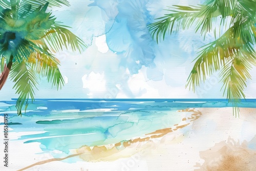 A tropical themed beach flag waves within a creative watercolor template