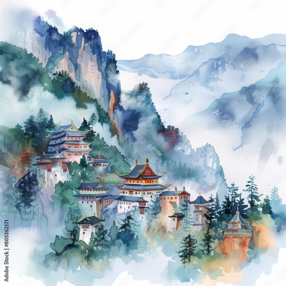 A watercolor painting depicts a peaceful monastery nestled in misty mountains, Clipart minimal watercolor isolated on white background