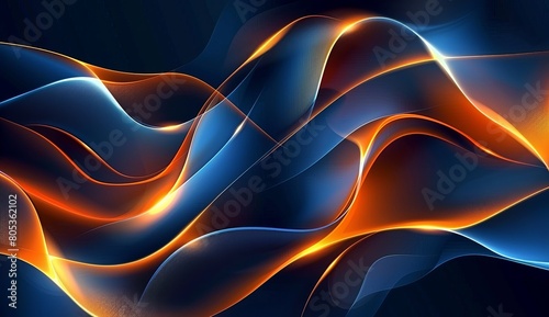 This image features a dynamic and vibrant abstract wave design with blue and orange colors intertwining photo