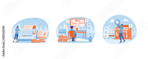 Energy efficiency in households. People checking electricity meter and calculating electricity bill. Use energy saving devices and save costs. Energy efficiency concept. Set flat vector illustration.