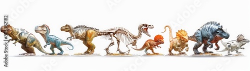 A line of dinosaurs  including a T-Rex  are shown in a row