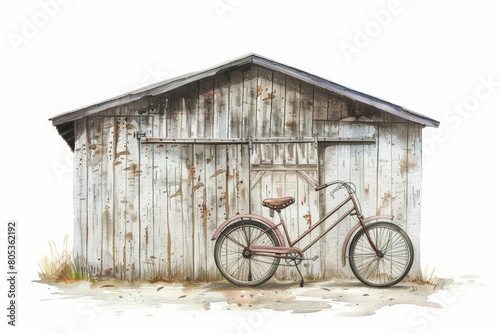 A watercolor painting depicts a vintage bicycle leaning against a rustic barn, Clipart minimal watercolor isolated on white background