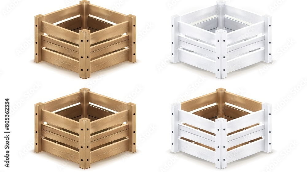 An empty wooden crate box with a 3D fruit farm pallet modern. A realistic market cargo container icon with wood texture. Harvest packaging mockup template with different views. Isolated storage. A An empty wooden crate box with a 3D fruit farm pallet modern. A realistic market cargo container icon with wood texture. Harvest packaging mockup template with different views. Isolated storage. A