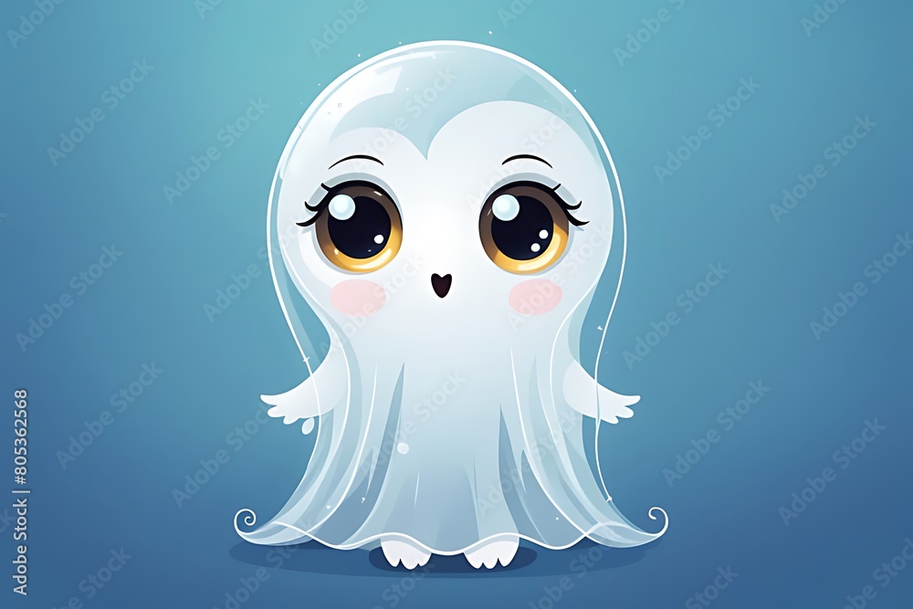Obraz premium The character's concept entails a diminutive ghost adorned with large, translucent eyes, crafted in a children's illustration style.vector illustration of a white ghost with a big blue eyes.
