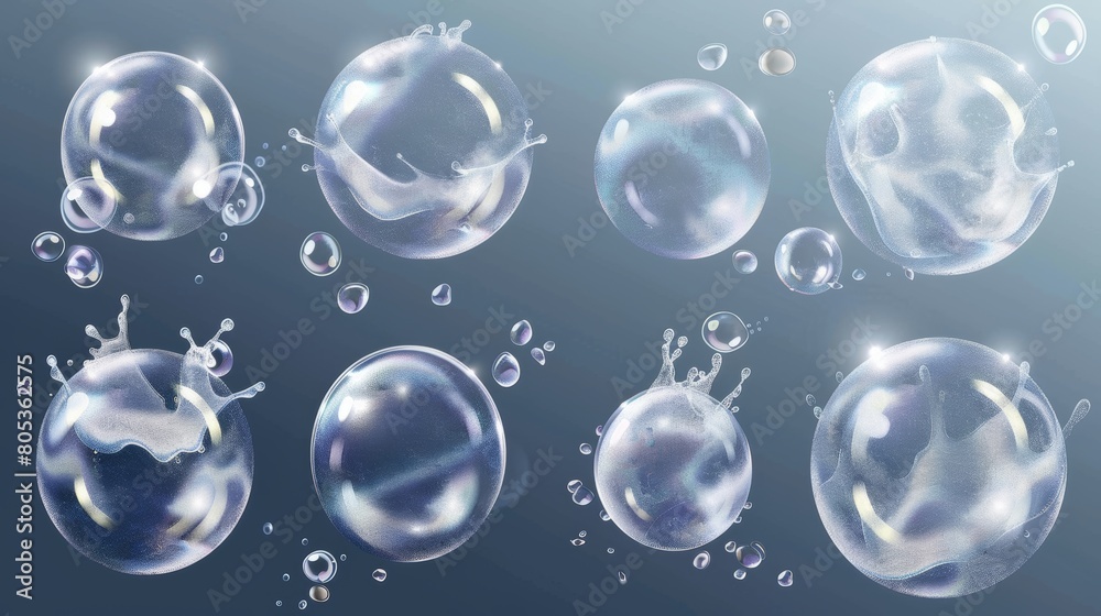 An animated set of bubble bursts isolated on a transparent background. Modern illustration of soap water balls exploding with drops splashing and disappearing in the air.