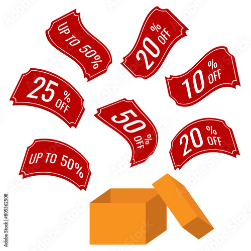 Open yellow box with red discount coupons 3D, vector. Coupons, vouchers, tags and labels with different discount percentages.