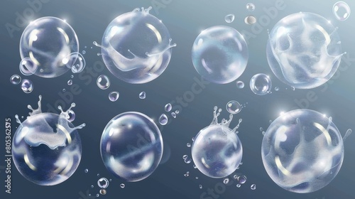 An animated set of bubble bursts isolated on a transparent background. Modern illustration of soap water balls exploding with drops splashing and disappearing in the air.
